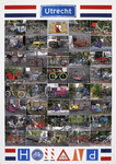 27574 Collage van 39 in de binnenstad van Utrecht geparkeerde fietsen, met een plaatsnaambord van Utrecht, het ...